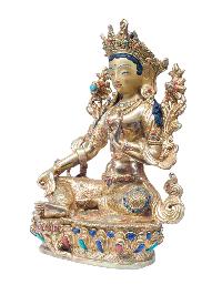 Buddhist Handmade Statue Of Green Tara, [full Fire Gold Plated], [stone Setting] With Painted Face