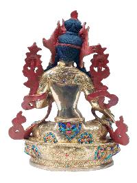 Buddhist Handmade Statue Of Green Tara, [full Fire Gold Plated], [stone Setting] With Painted Face