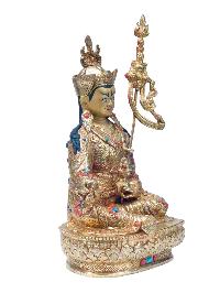 Buddhist Handmade Statue Of Padmasambhava [guru Rinpoche], [full Fire Gold Plated], [stone Setting] With Painted Face