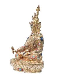 Buddhist Handmade Statue Of Padmasambhava [guru Rinpoche], [full Fire Gold Plated], [stone Setting] With Painted Face