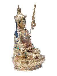 Buddhist Handmade Statue Of Padmasambhava [guru Rinpoche], [full Fire Gold Plated], [stone Setting] With Painted Face