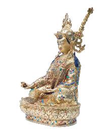 Buddhist Handmade Statue Of Padmasambhava [guru Rinpoche], [full Fire Gold Plated], [stone Setting] With Painted Face