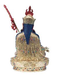 Buddhist Handmade Statue Of Padmasambhava [guru Rinpoche], [full Fire Gold Plated], [stone Setting] With Painted Face