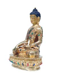 Buddhist Handmade Statue Of Shakyamuni Buddha, [full Fire Gold Plated], [stone Setting] With Painted Face