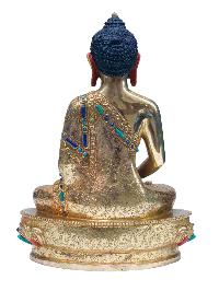 Buddhist Handmade Statue Of Amitabha Buddha, [full Fire Gold Plated], [stone Setting] With Painted Face