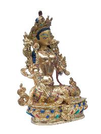 Buddhist Handmade Statue Of Green Tara, [full Fire Gold Plated], [stone Setting] With Painted Face