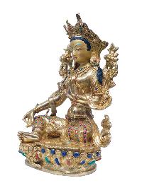 Buddhist Handmade Statue Of Green Tara, [full Fire Gold Plated], [stone Setting] With Painted Face