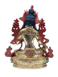 Buddhist Handmade Statue Of Green Tara, [full Fire Gold Plated], [stone Setting] With Painted Face