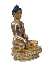 Buddhist Handmade Statue Of Shakyamuni Buddha, [full Fire Gold Plated], [stone Setting] With Painted Face