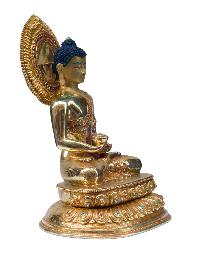 Buddhist Handmade Statue Of Amitabha Buddha, [full Fire Gold Plated], [stone Setting] With Painted Face