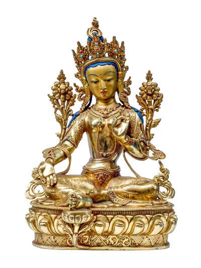 Buddhist Handmade Statue Of Green Tara, [full Fire Gold Plated], [stone Setting] With Painted Face