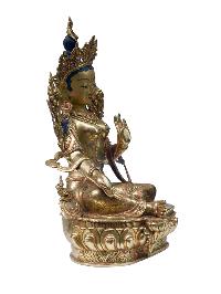 Buddhist Handmade Statue Of Green Tara, [full Fire Gold Plated], [stone Setting] With Painted Face