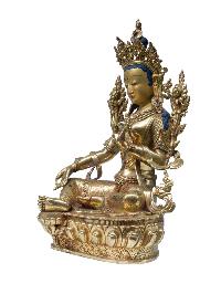 Buddhist Handmade Statue Of Green Tara, [full Fire Gold Plated], [stone Setting] With Painted Face