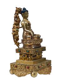 Buddhist Handmade Statue Of Shakyamuni Buddha On Throne, [full Fire Gold Plated] With Painted Face