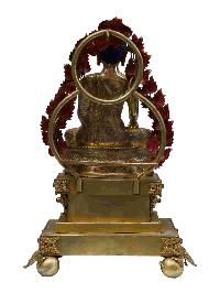 Buddhist Handmade Statue Of Shakyamuni Buddha On Throne, [full Fire Gold Plated] With Painted Face