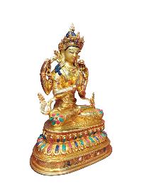 Buddhist Handmade Statue Of Chenrezig, [full Fire Gold Plated], [face Painted]