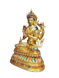 Buddhist Handmade Statue Of Chenrezig, [full Fire Gold Plated], [face Painted]