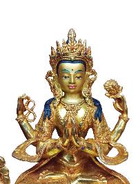 Buddhist Handmade Statue Of Chenrezig, [full Fire Gold Plated], [face Painted]