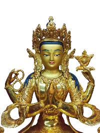 Buddhist Handmade Statue Of Chenrezig, [full Fire Gold Plated], [face Painted]