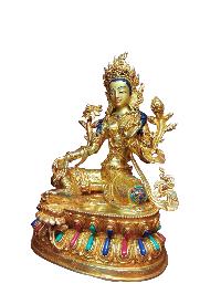 Buddhist Handmade Statue Of Green Tara, [full Fire Gold Plated], [face Painted]