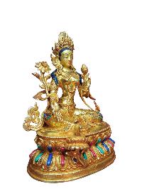 Buddhist Handmade Statue Of Green Tara, [full Fire Gold Plated], [face Painted]