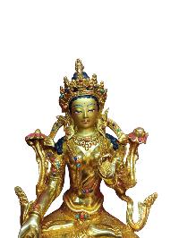 Buddhist Handmade Statue Of Green Tara, [full Fire Gold Plated], [stone Setting], [face Painted]