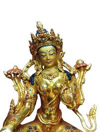 Buddhist Handmade Statue Of Green Tara, [full Fire Gold Plated], [stone Setting], [face Painted]