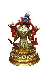 Buddhist Handmade Statue Of Green Tara, [full Fire Gold Plated], [stone Setting], [face Painted]