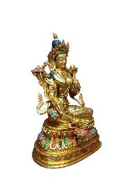 Buddhist Handmade Statue Of Green Tara, [full Fire Gold Plated], [stone Setting], [face Painted]