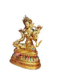 Buddhist Handmade Statue Of Green Tara, [full Fire Gold Plated], [stone Setting], [face Painted]