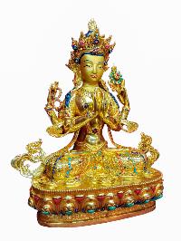 Buddhist Handmade Statue Of Chenrezig, [full Fire Gold Plated], [face Painted]