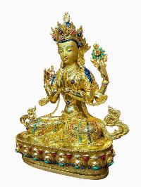 Buddhist Handmade Statue Of Chenrezig, [full Fire Gold Plated], [face Painted]