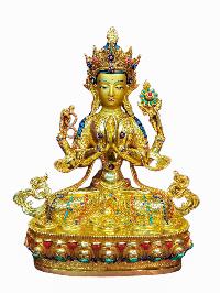 Buddhist Handmade Statue Of Chenrezig, [full Fire Gold Plated], [face Painted]