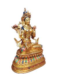 Buddhist Handmade Statue Of White Tara, [full Fire Gold Plated], [face Painted]