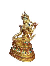 Buddhist Handmade Statue Of White Tara, [full Fire Gold Plated], [face Painted]