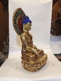 [high Quality], Tibetan Buddhist Handmade Statue Of Shakyamuni Buddha, [full Fire Gold Plated], [face Painted] With [stone Setting]