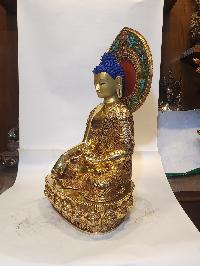 [high Quality], Tibetan Buddhist Handmade Statue Of Shakyamuni Buddha, [full Fire Gold Plated], [face Painted] With [stone Setting]