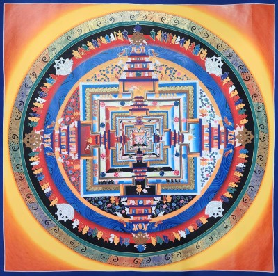 Buddhist Hand Painted Tibetan Thangka Of Kalachakra Mandala Thangka Painting, [red Colour]