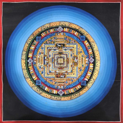 Buddhist Tibetan Thangka Of Kalachakra Mandala, [hand Painted], With Blue Rainbow Design, Has Damages