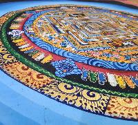 Buddhist Tibetan Thangka Of Kalachakra Mandala, [hand Painted], With Blue Rainbow Design, Has Damages