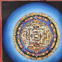 Buddhist Tibetan Thangka Of Kalachakra Mandala, [hand Painted], With Blue Rainbow Design, Has Damages