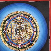 Buddhist Tibetan Thangka Of Kalachakra Mandala, [hand Painted], With Blue Rainbow Design, Has Damages