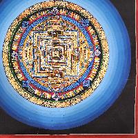 Buddhist Tibetan Thangka Of Kalachakra Mandala, [hand Painted], With Blue Rainbow Design, Has Damages