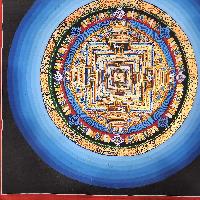 Buddhist Tibetan Thangka Of Kalachakra Mandala, [hand Painted], With Blue Rainbow Design, Has Damages