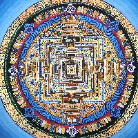 Buddhist Tibetan Thangka Of Kalachakra Mandala, [hand Painted], With Blue Rainbow Design, Has Damages