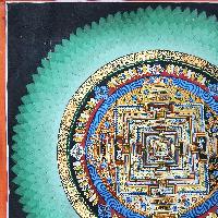 Buddhist Tibetan Thangka Of Kalachakra Mandala, [hand Painted], With Green Rainbow Design, Has Damages