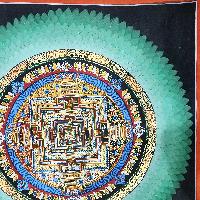 Buddhist Tibetan Thangka Of Kalachakra Mandala, [hand Painted], With Green Rainbow Design, Has Damages