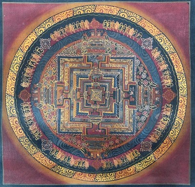 Buddhist Tibetan Thangka Of Kalachakra Mandala, [hand Painted], [antique], [oil Finishing]