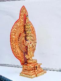 Buddhist Handmade Statue Of [1000] Thousand Arms Sahasrabhuja Avalokitesvara, Full Fire Gold Plated, Painted Face