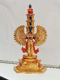 Buddhist Handmade Statue Of [1000] Thousand Arms Sahasrabhuja Avalokitesvara, Full Fire Gold Plated, Painted Face